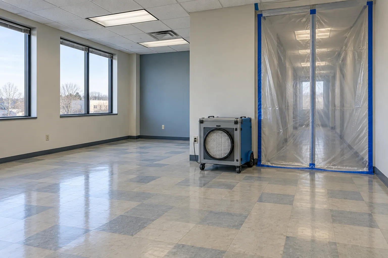 Plastic-sheeted containment doorway and negative air machine in an empty office suite