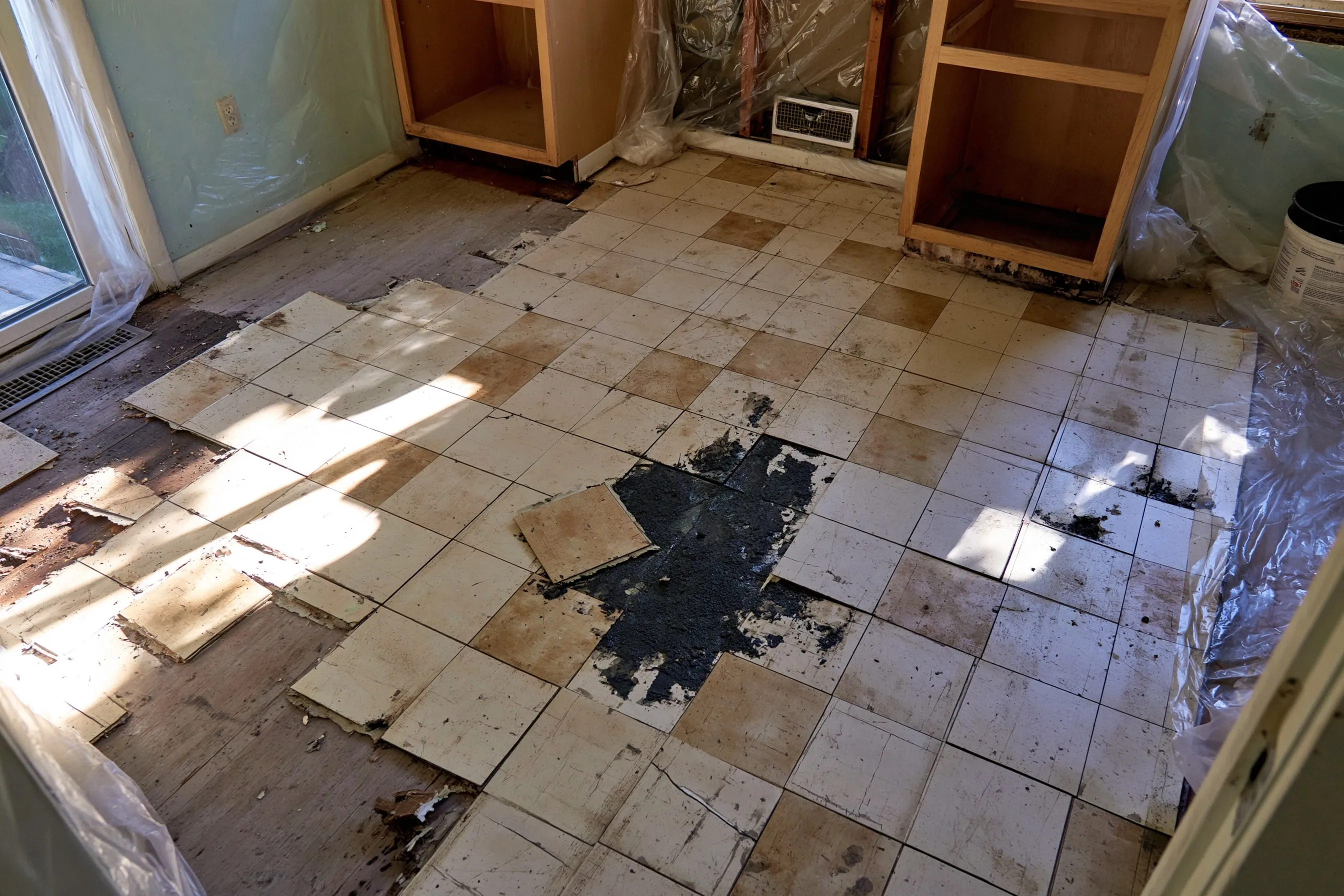 Older kitchen floor of cream and tan square tiles with some lifted to show black mastic adhesive