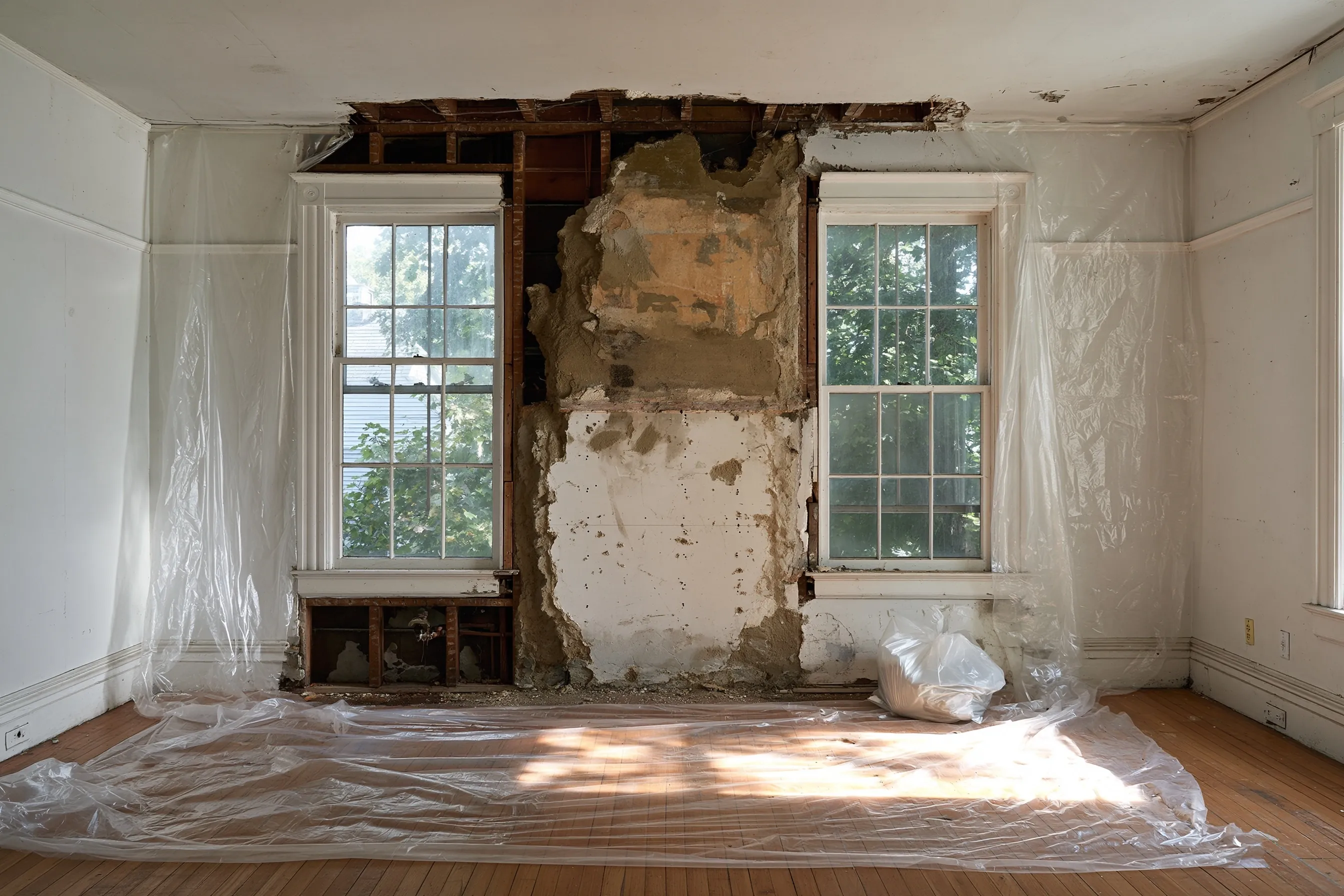 Older plaster and drywall interior wall opened during a remodel with joint compound visible